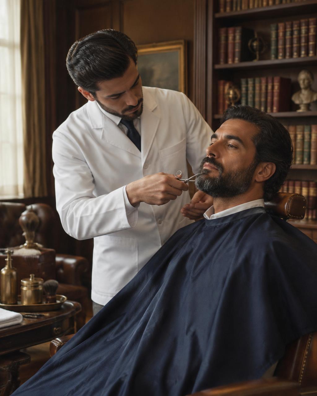 Barbeiro aparando a barba de um cliente numa biblioteca em casa