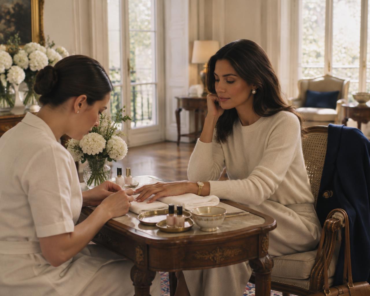 Manicure atendendo uma cliente numa sala elegante